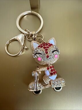 Gold and Red Fox Scooter Keychain Charm - Sparkling Rhinestone Accessory